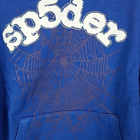 NEW Sp5der Web Blue White Rhinestone Hoodie Size Medium - Picture 2 of 5